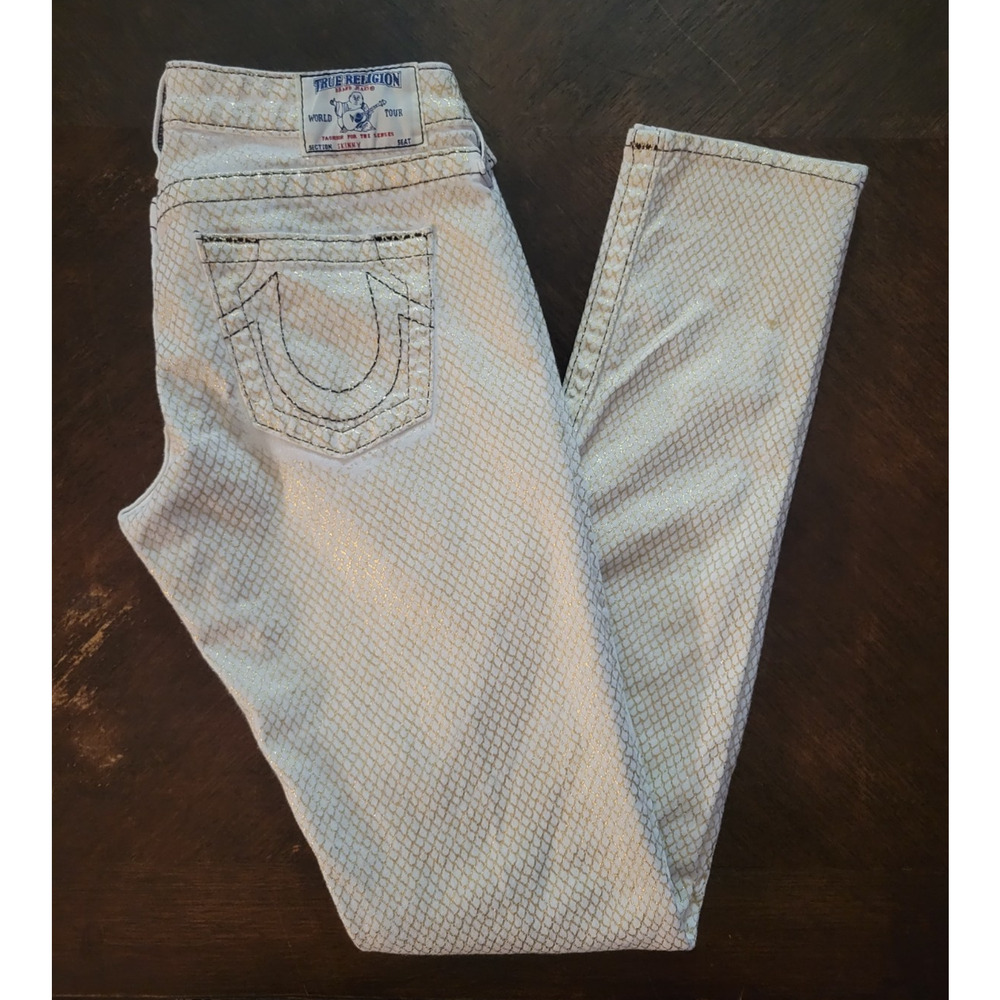 True Religion Skinny Jeans Womens Size 27 White Low Rise Gold Fishnet Scales